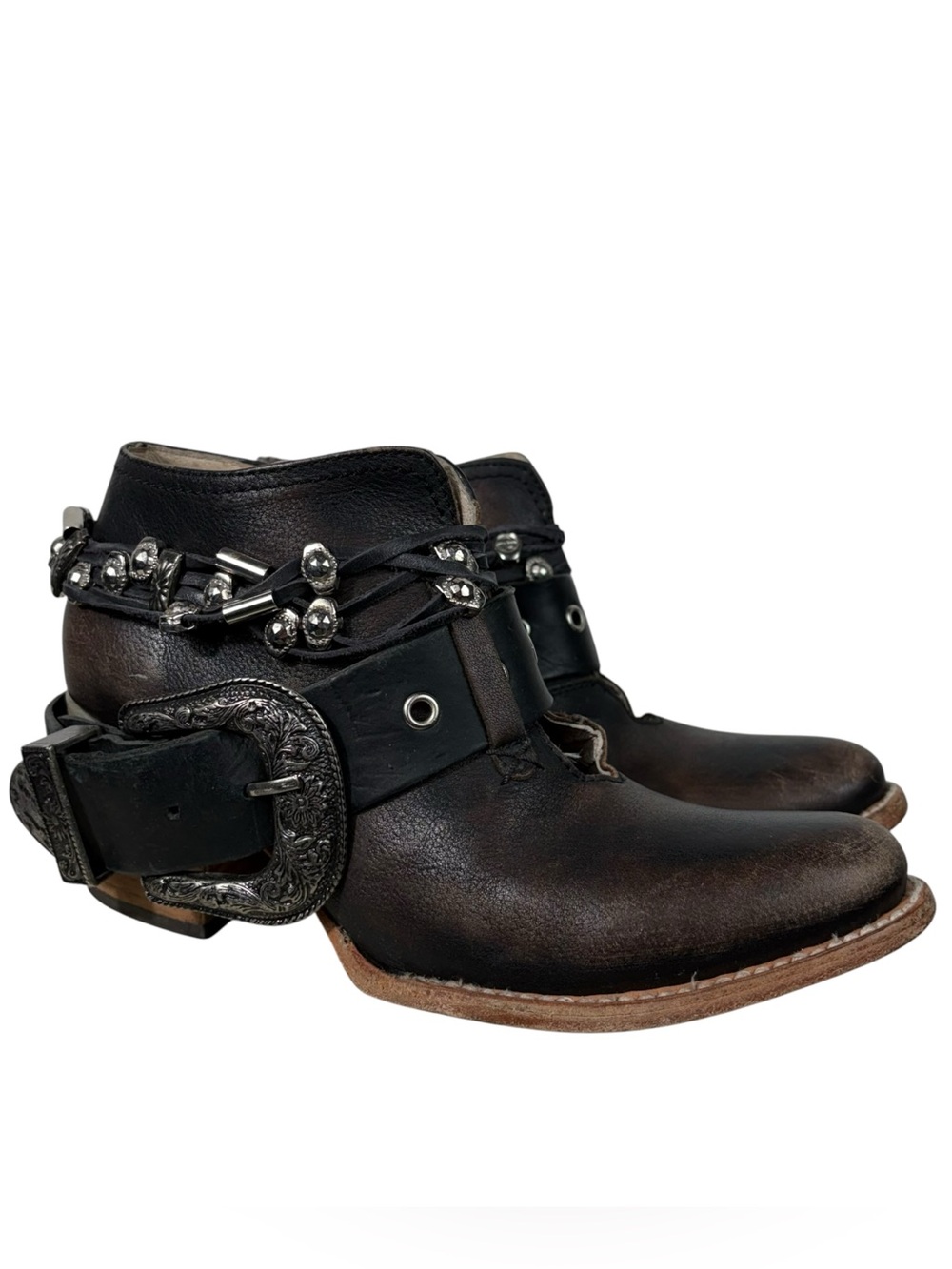 Freebird Saloon Brown Chunky Buckle Leather Booties Boots Harness Beaded Western